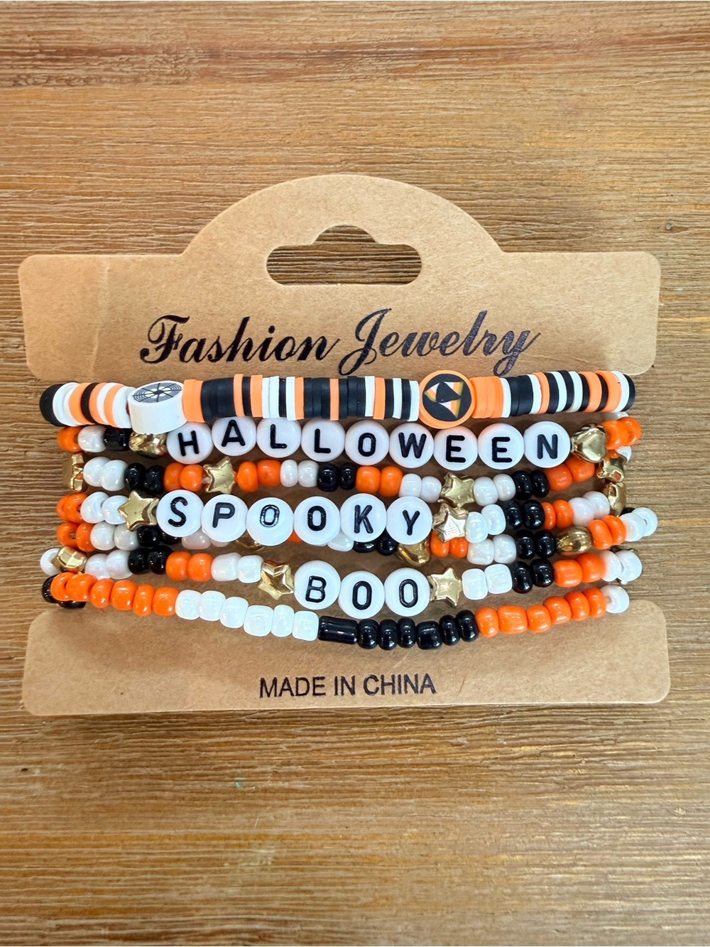 Set of 7 Halloween Orange, Black & White Halloween Beaded Bracelet Set